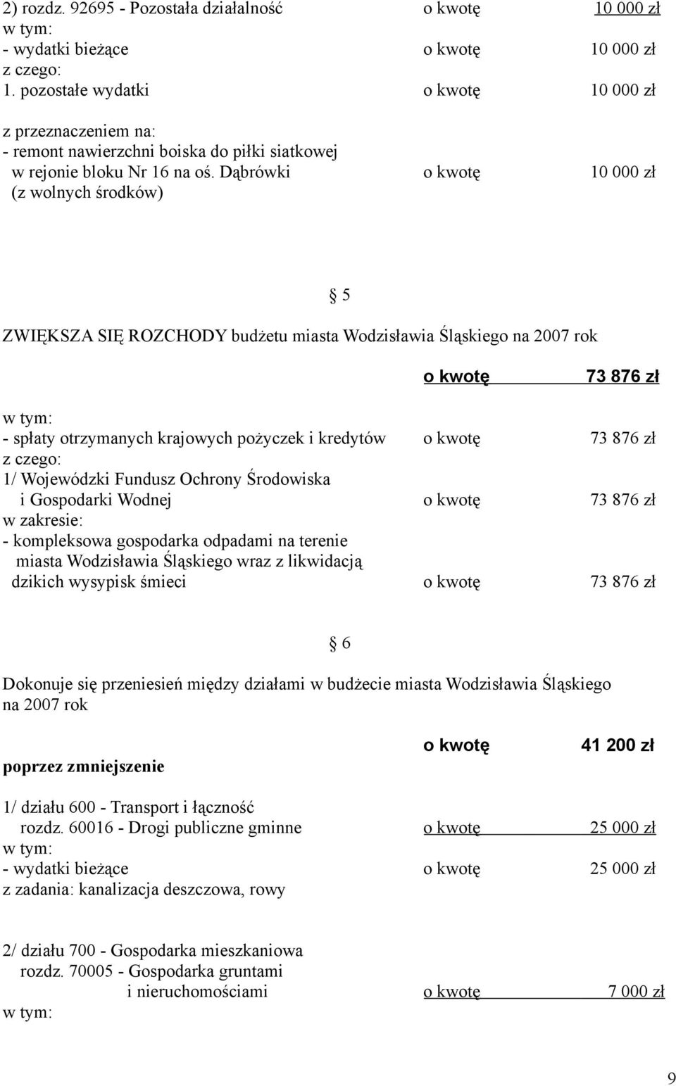 Dąbrówki o kwotę 10 000 zł (z wolnych środków) ZWIĘKSZA SIĘ ROZCHODY budżetu miasta Wodzisławia Śląskiego na 2007 rok 5 o kwotę 73 876 zł - spłaty otrzymanych krajowych pożyczek i kredytów o kwotę 73