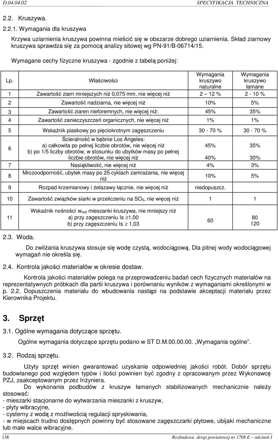 Właściwości Wymagania kruszywo naturalne Wymagania kruszywo łamane 1 Zawartość ziarn mniejszych niŝ 0,075 mm, nie więcej niŝ 2 12 % 2-10 % 2 Zawartość nadziarna, nie więcej niŝ 10% 5% 3 Zawartość