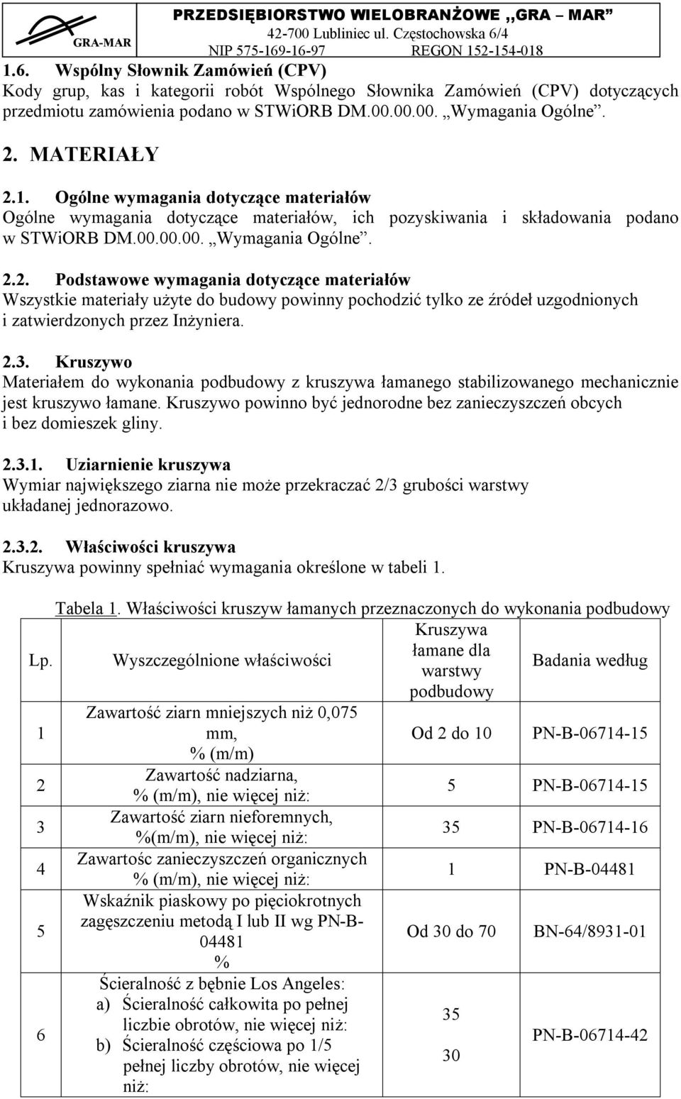 2.3. Kruszywo Materiałem do wykonania podbudowy z kruszywa łamanego stabilizowanego mechanicznie jest kruszywo łamane. Kruszywo powinno być jednorodne bez zanieczyszczeń obcych i bez domieszek gliny.