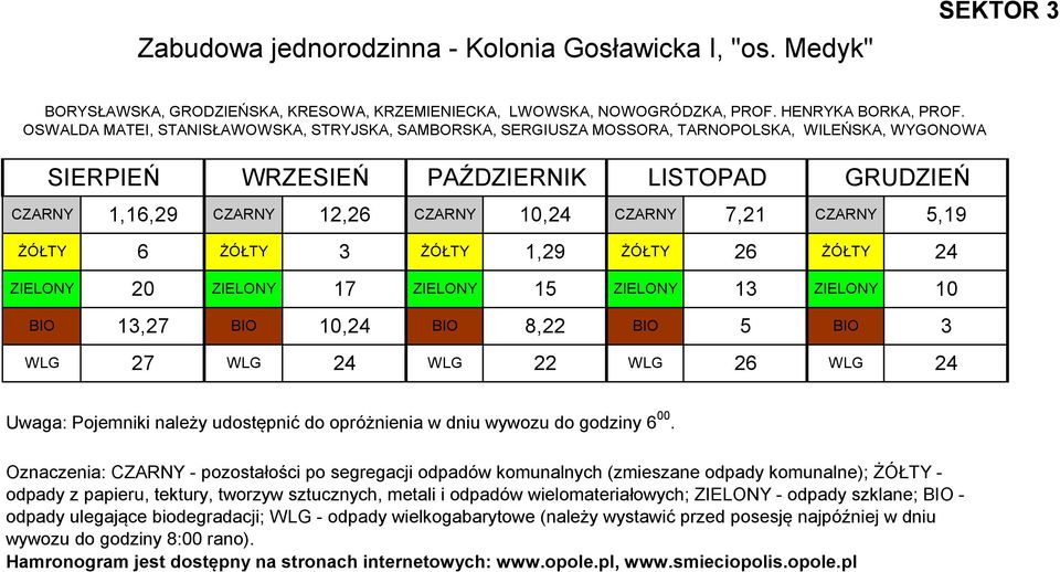 ŻÓŁTY 26 ŻÓŁTY 24 ZIELONY 20 ZIELONY 17 ZIELONY 15 ZIELONY 13 ZIELONY 10 BIO 13,27 BIO 10,24 BIO 8,22 BIO 5 BIO 3 WLG 27 WLG 24 WLG 22 WLG 26 WLG 24 Oznaczenia: CZARNY - pozostałości po segregacji