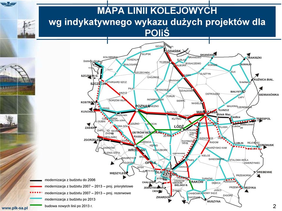 rezerwowe modernizacja z budŝetu po 2013 budowa nowych linii po 2013 r. SZCZECIN PŁOTY STARGARD SZCZ. MIĘDZYLESIE SZCZECINEK CHOJNICE OPOLE GRUDZIĄDZ IŁAWA OLSZTYN MUSZYNA EŁK KUŹNICA BIAŁ.