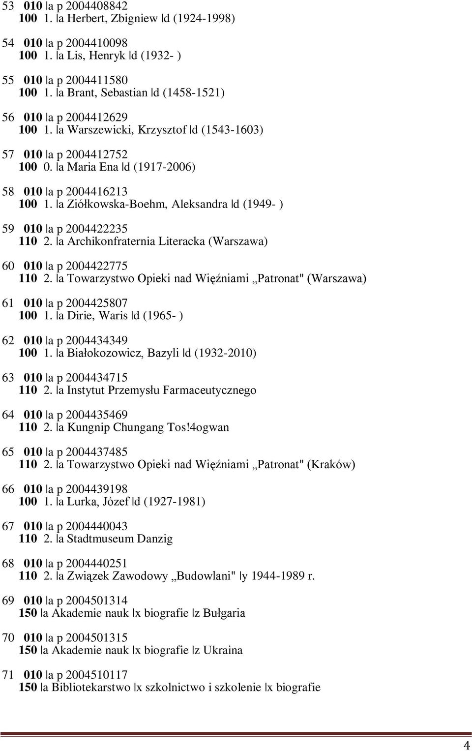 a Ziółkowska-Boehm, Aleksandra d (1949- ) 59 010 a p 2004422235 110 2. a Archikonfraternia Literacka (Warszawa) 60 010 a p 2004422775 110 2.