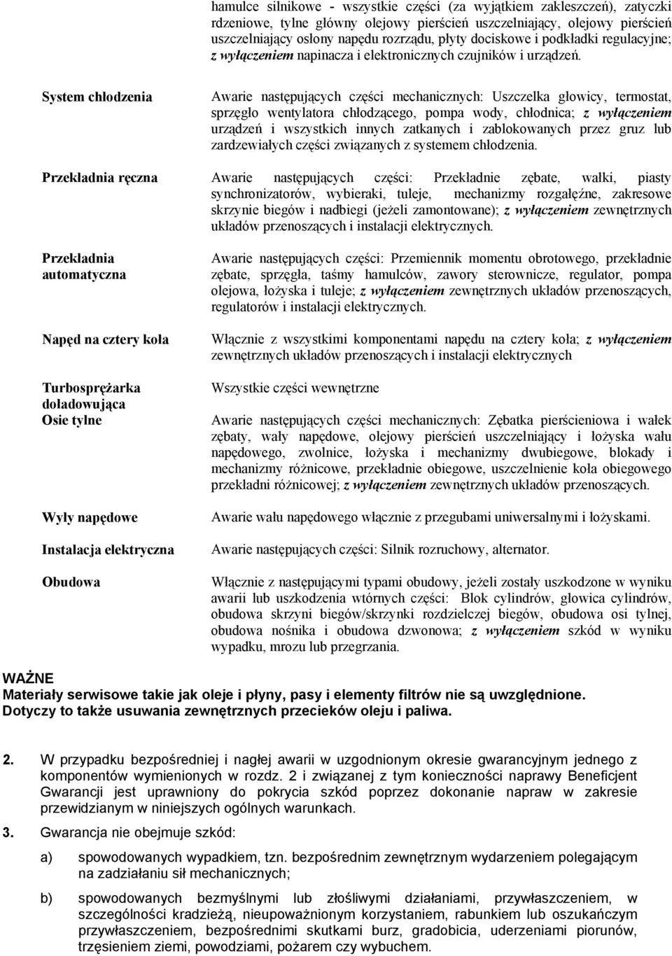 System chłodzenia Awarie następujących części mechanicznych: Uszczelka głowicy, termostat, sprzęgło wentylatora chłodzącego, pompa wody, chłodnica; z wyłączeniem urządzeń i wszystkich innych