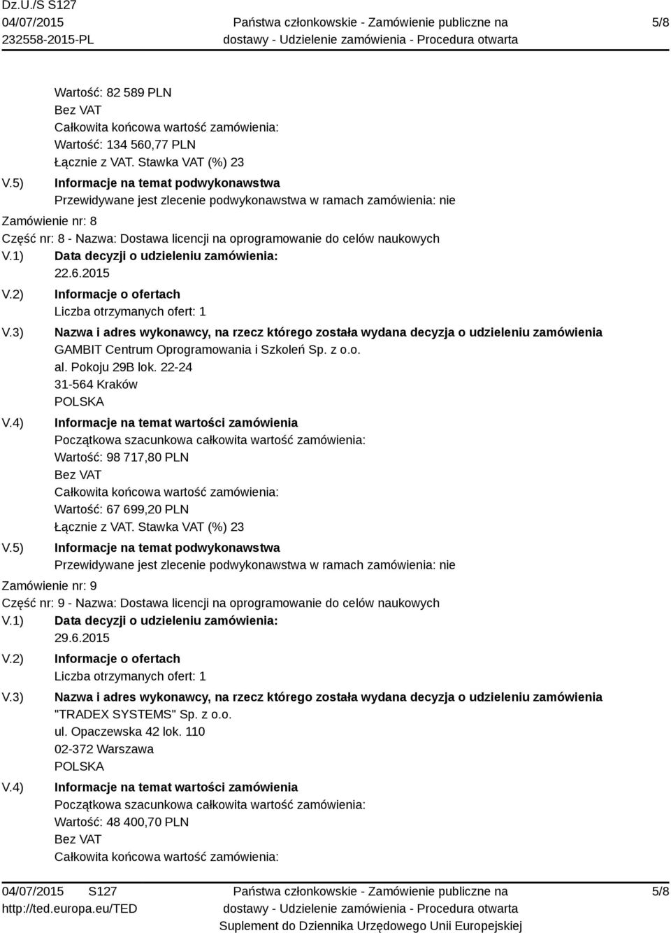 22-24 31-564 Kraków Wartość: 98 717,80 PLN Wartość: 67 699,20 PLN Zamówienie nr: 9 Część nr: 9 - Nazwa: Dostawa licencji na