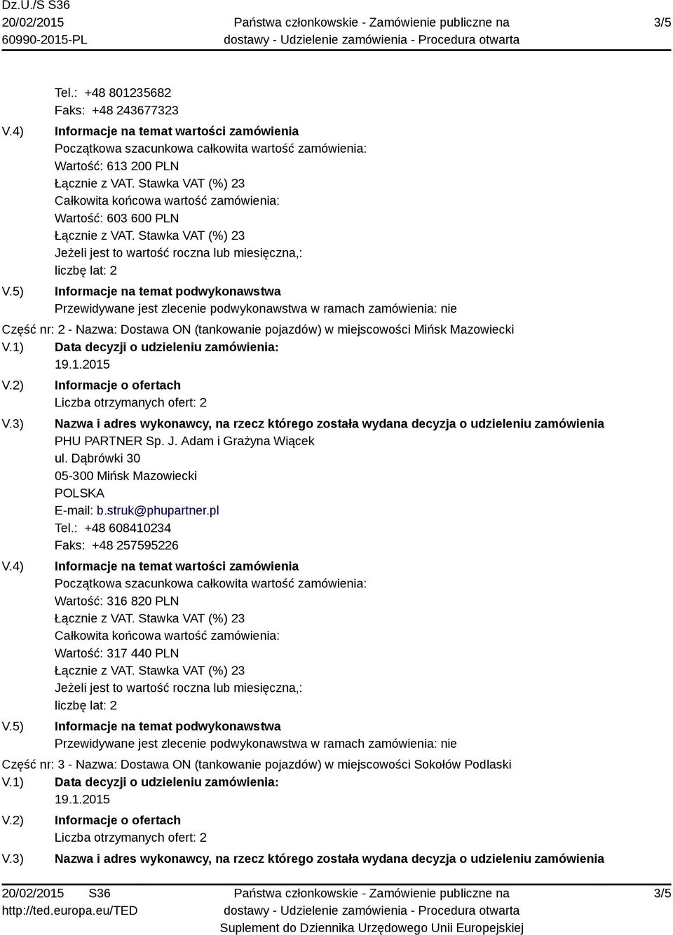 w miejscowości Mińsk Mazowiecki 19.1.2015 Liczba otrzymanych ofert: 2 PHU PARTNER Sp. J. Adam i Grażyna Wiącek ul.