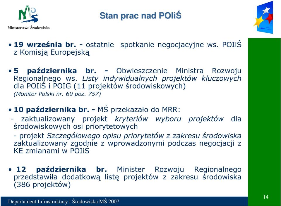 - MŚ przekazało do MRR: - zaktualizowany projekt kryteriów wyboru projektów dla środowiskowych osi priorytetowych - projekt Szczegółowego opisu priorytetów z zakresu