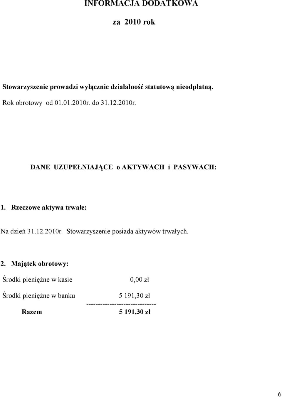 Rzeczowe aktywa trwałe: Na dzień 31.12.2010r. Stowarzyszenie posiada aktywów trwałych. 2.