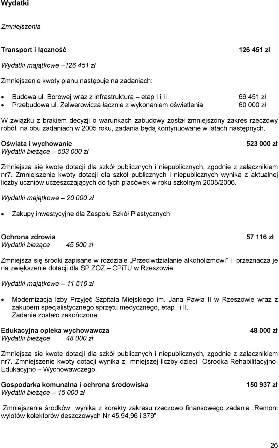 Zelwerowicza łącznie z wykonaniem oświetlenia 60 000 zł W związku z brakiem decyzji o warunkach zabudowy został zmniejszony zakres rzeczowy robót na obu zadaniach w 2005 roku, zadania będą