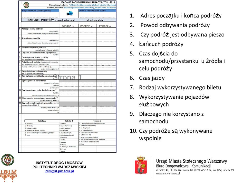 Czas dojścia do samochodu/przystanku u źródła i celu podróŝy 6. Czas jazdy 7.