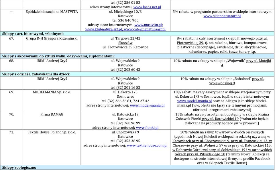 IRIMI Andrzej Gryś ul. Wojewódzka 9 tel. (32) 203 60 42 Sklepy z odzieżą, zabawkami dla dzieci: --- IRIMI Andrzej Gryś ul. Wojewódzka 9 tel. (32) 201 16 52 69. MODELMANIA Sp. z o.o. ul. Dekerta 1/3 Sosnowiec tel.