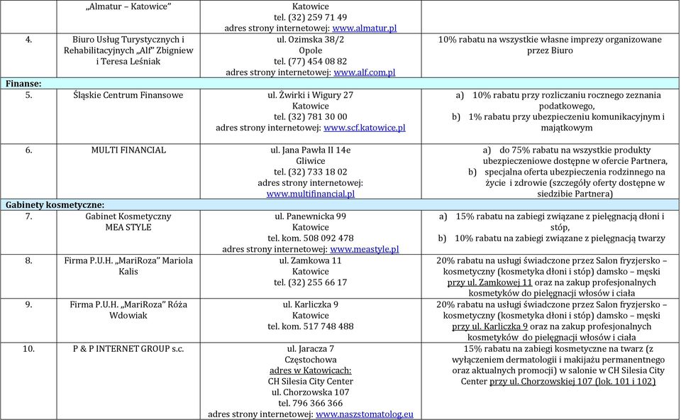 pl Gabinety kosmetyczne: 7. Gabinet Kosmetyczny MEA STYLE 8. Firma P.U.H. MariRoza Mariola Kalis 9. Firma P.U.H. MariRoza Róża Wdowiak ul. Panewnicka 99 tel. kom. 508 092 478 www.meastyle.pl ul.