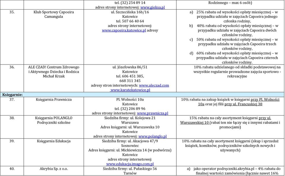 (32) 206 89 96 38. Księgarnia POLANGLO Podręczniki szkolne www.prawnicza.pl Siedziba firmy: ul. Kolejowa 21 Warszawa Adres księgarni: ul. Warszawska 10 www.polanglo.pl 39.