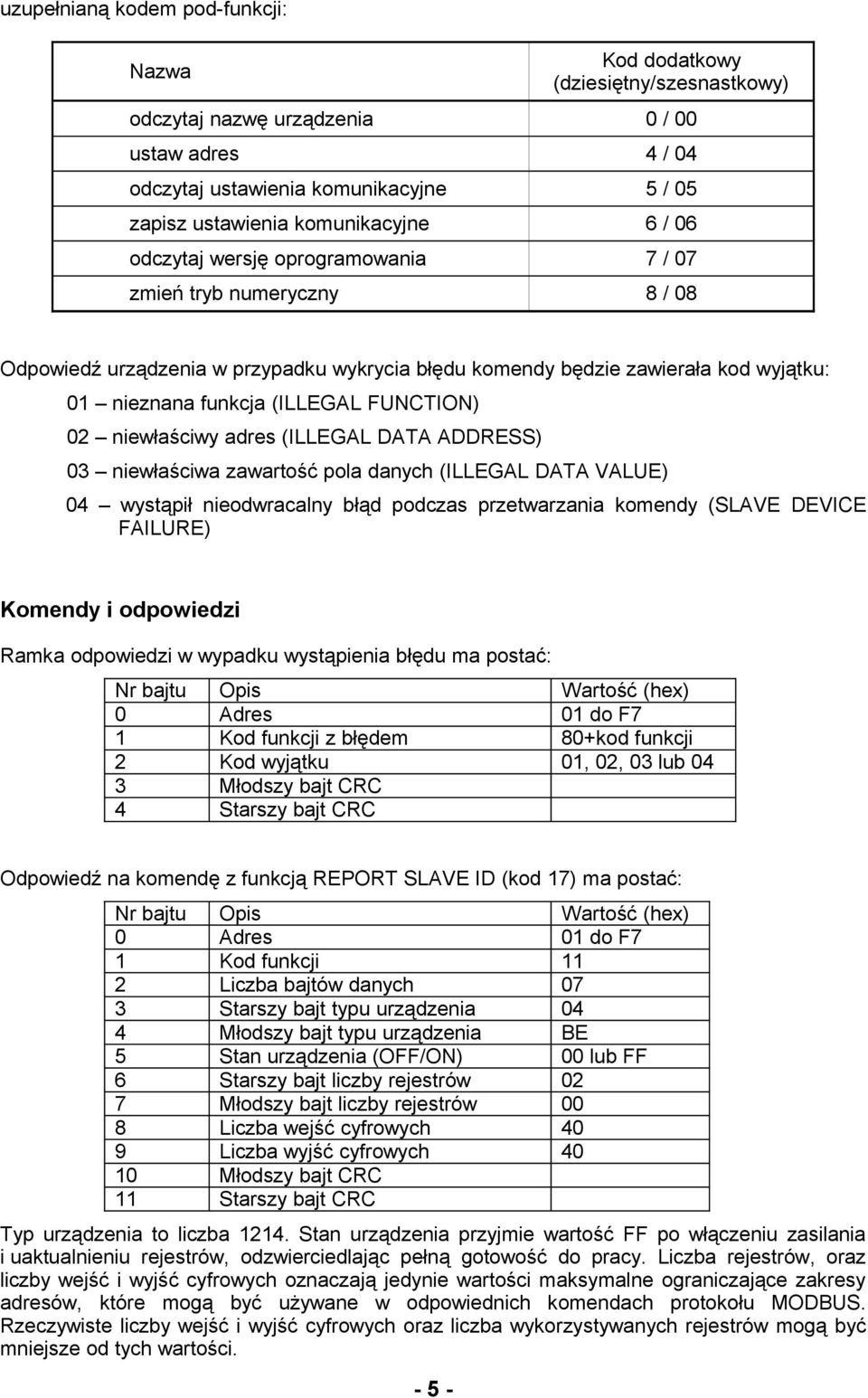 (ILLEGAL FUNCTION) 02 niewłaściwy adres (ILLEGAL DATA ADDRESS) 03 niewłaściwa zawartość pola danych (ILLEGAL DATA VALUE) 04 wystąpił nieodwracalny błąd podczas przetwarzania komendy (SLAVE DEVICE