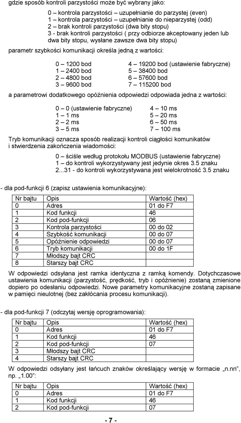 1 2400 bod 2 4800 bod 3 9600 bod 4 19200 bod (ustawienie fabryczne) 5 38400 bod 6 57600 bod 7 115200 bod a parametrowi dodatkowego opóźnienia odpowiedzi odpowiada jedna z wartości: 0 0 (ustawienie