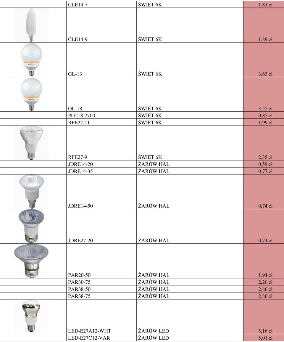 zł JDRE14-50 ŻARÓW HAL 0,74 zł JDRE27-20 ŻARÓW HAL 0,74 zł PAR20-50 ŻARÓW HAL 1,94 zł PAR30-75 ŻARÓW HAL 2,20 zł