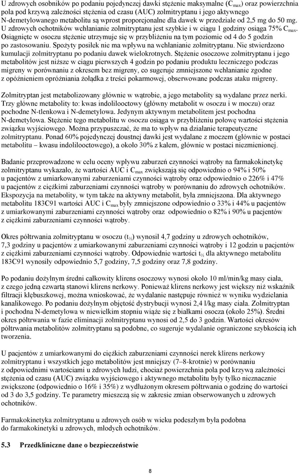 Osiągnięte w osoczu stężenie utrzymuje się w przybliżeniu na tym poziomie od 4 do 5 godzin po zastosowaniu. Spożyty posiłek nie ma wpływu na wchłanianie zolmitryptanu.