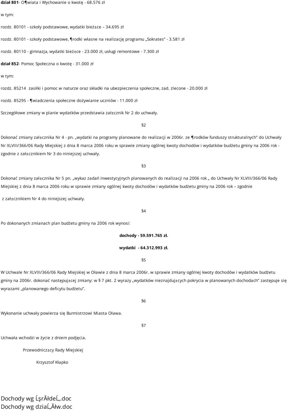 85214 zasiłki i pomoc w naturze oraz składki na ubezpieczenia społeczne, zad. zlecone - 20.000 zł rozdz. 85295 - wiadczenia społeczne dożywianie uczniów - 11.