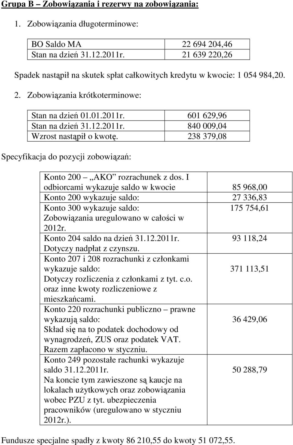 238 379,08 Specyfikacja do pozycji zobowiązań: Konto 200 AKO rozrachunek z dos.