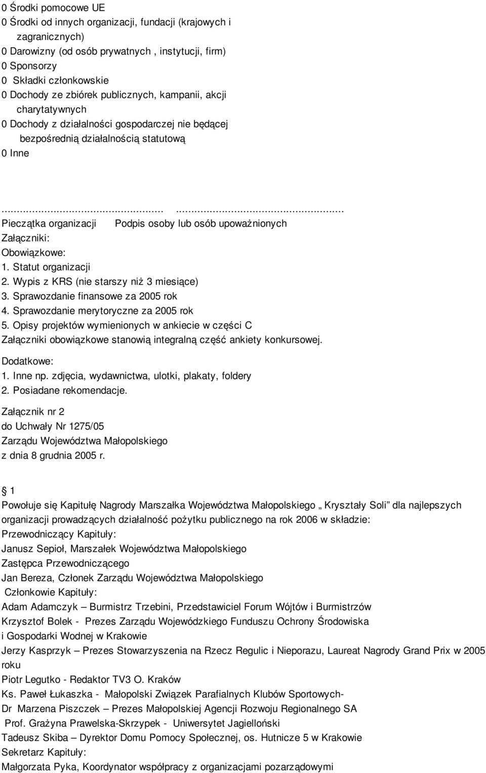 ..... Pieczątka organizacji Podpis osoby lub osób upoważnionych Załączniki: Obowiązkowe: 1. Statut organizacji 2. Wypis z KRS (nie starszy niż 3 miesiące) 3. Sprawozdanie finansowe za 2005 rok 4.