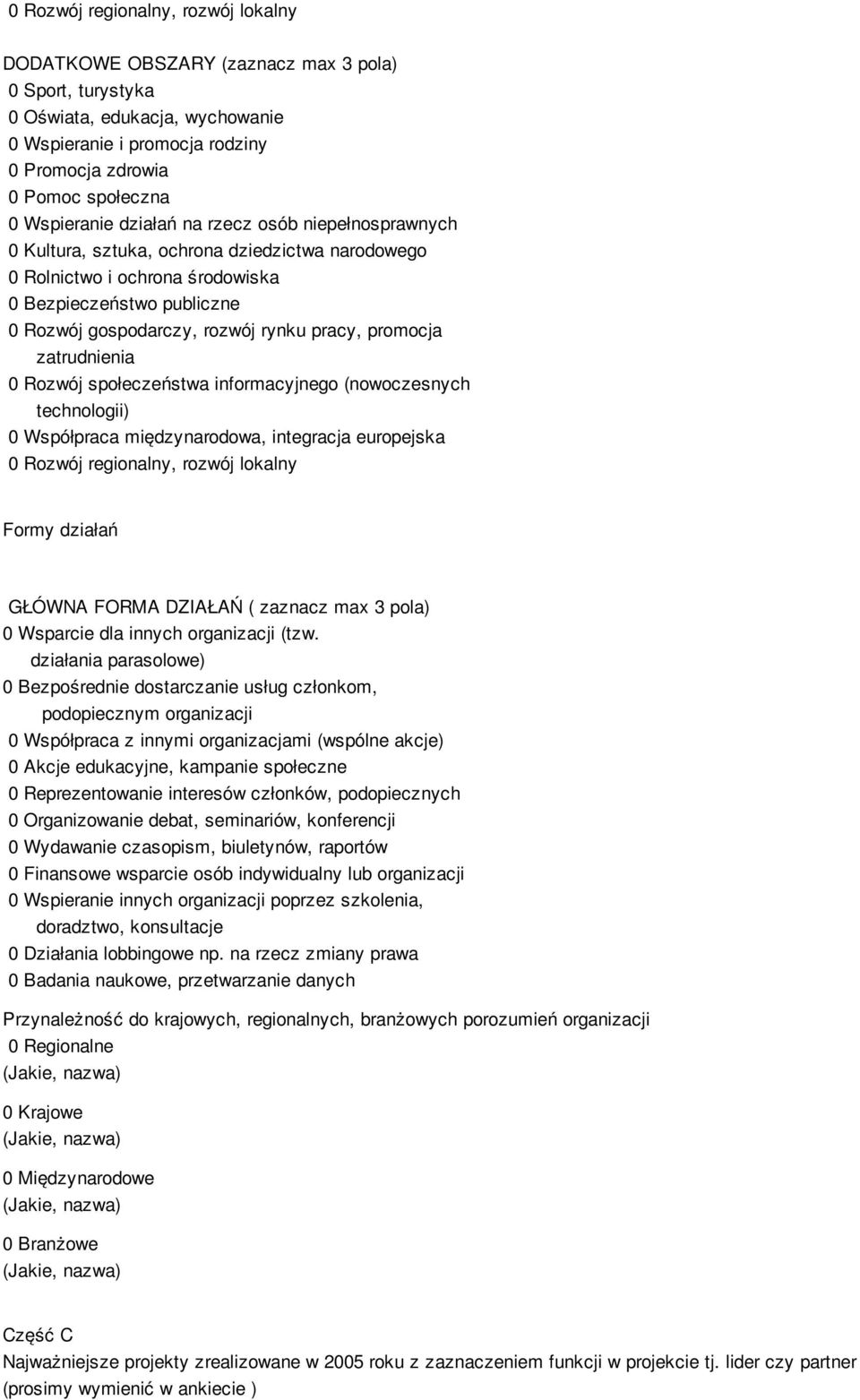 pracy, promocja zatrudnienia 0 Rozwój społeczeństwa informacyjnego (nowoczesnych technologii) 0 Współpraca międzynarodowa, integracja europejska 0 Rozwój regionalny, rozwój lokalny Formy działań