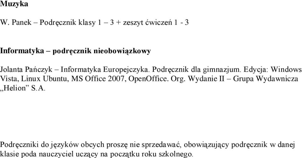 Informatyka Europejczyka. Podręcznik dla gimnazjum.