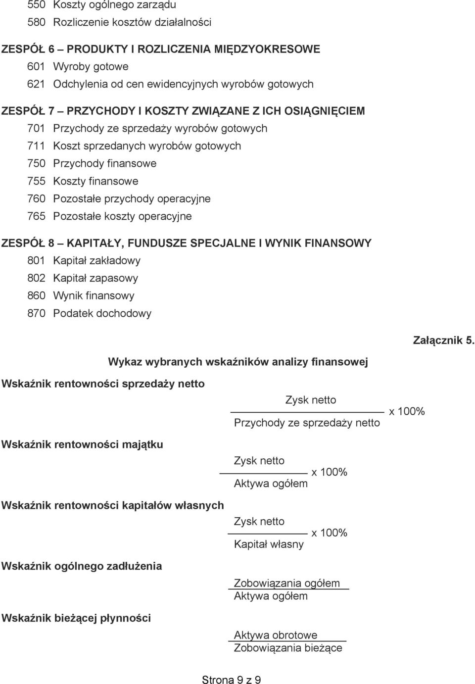 765 Pozosta e koszty operacyjne ZESPÓ 8 KAPITA Y, FUNDUSZE SPECJALNE I WYNIK FINANSOWY 801 Kapita zak adowy 802 Kapita zapasowy 860 Wynik finansowy 870 Podatek dochodowy Za cznik 5.