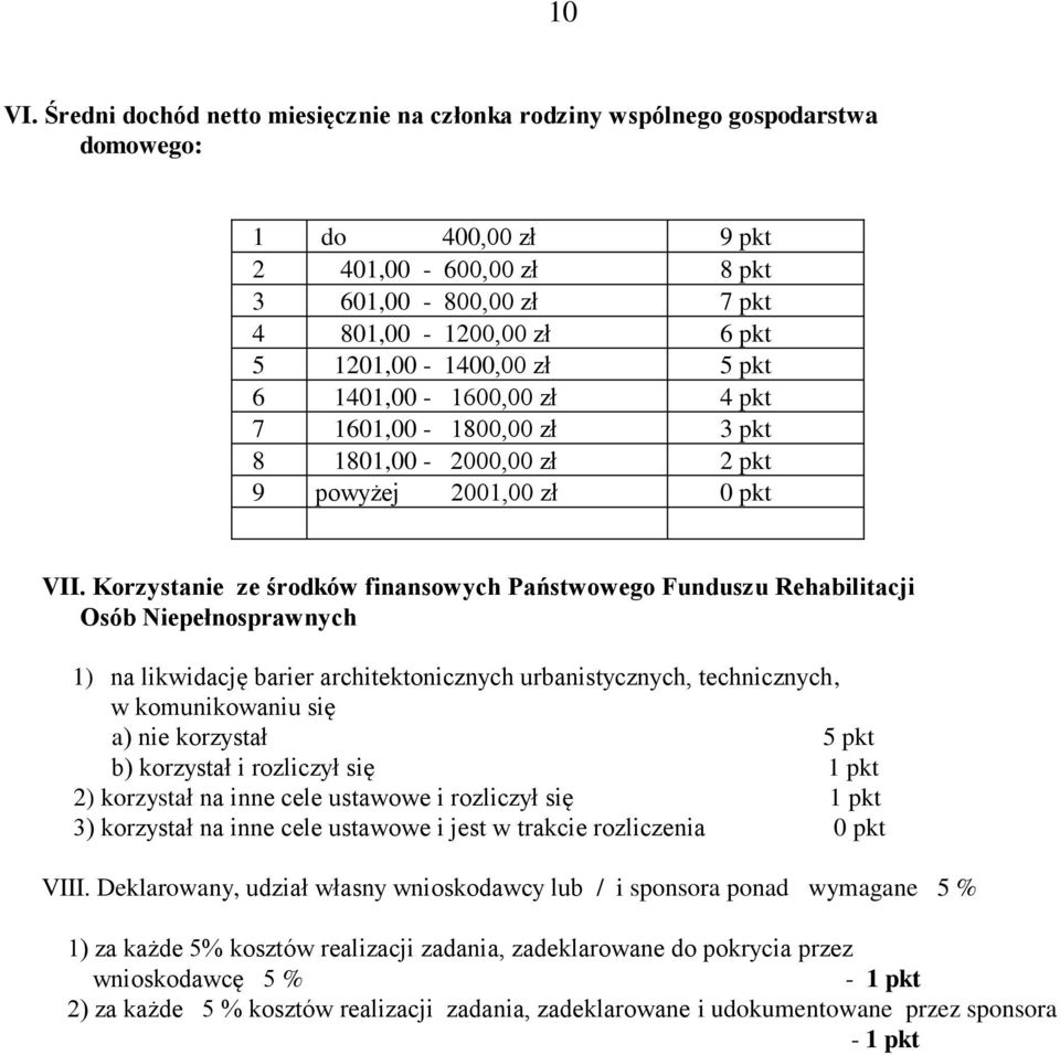 zł 5 pkt 6 1401,00-1600,00 zł 4 pkt 7 1601,00-1800,00 zł 3 pkt 8 1801,00-2000,00 zł 2 pkt 9 powyżej 2001,00 zł 0 pkt VII.