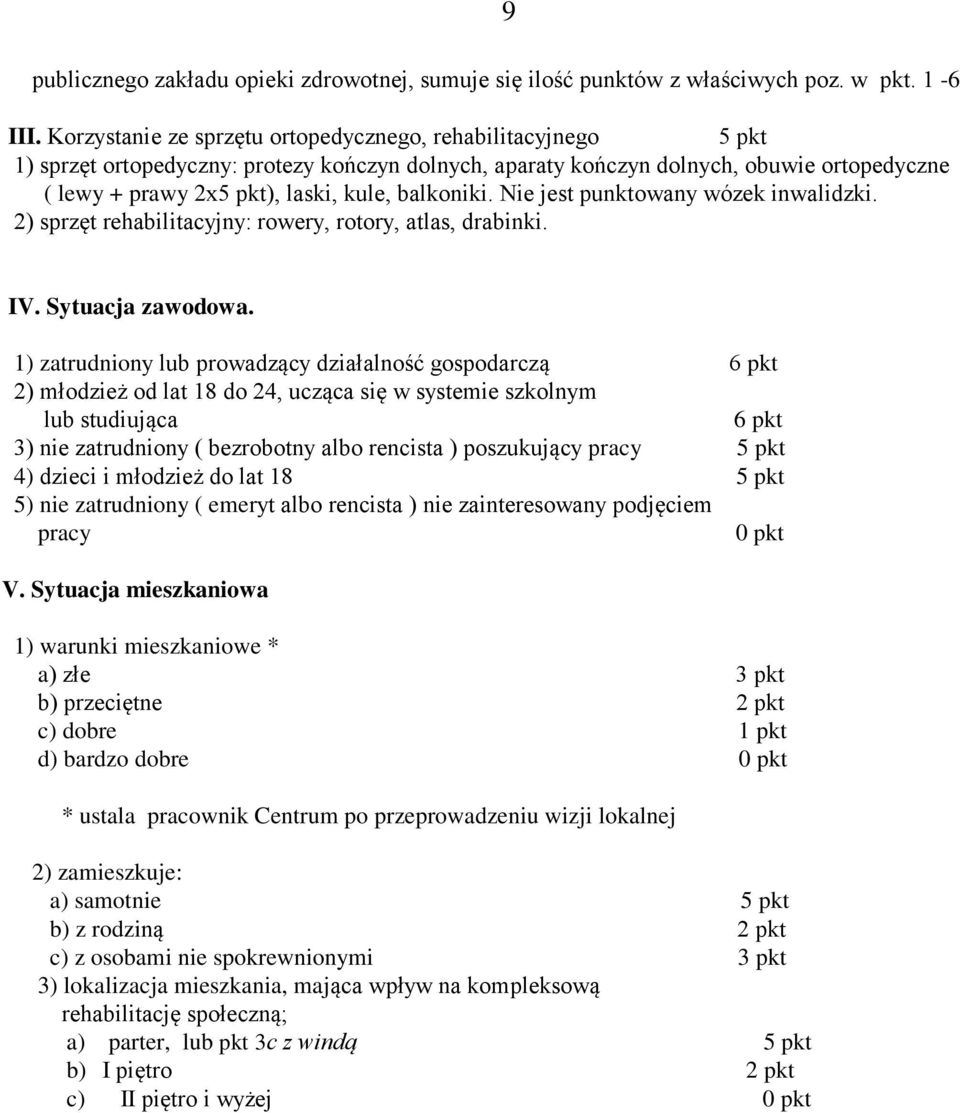 balkoniki. Nie jest punktowany wózek inwalidzki. 2) sprzęt rehabilitacyjny: rowery, rotory, atlas, drabinki. IV. Sytuacja zawodowa.