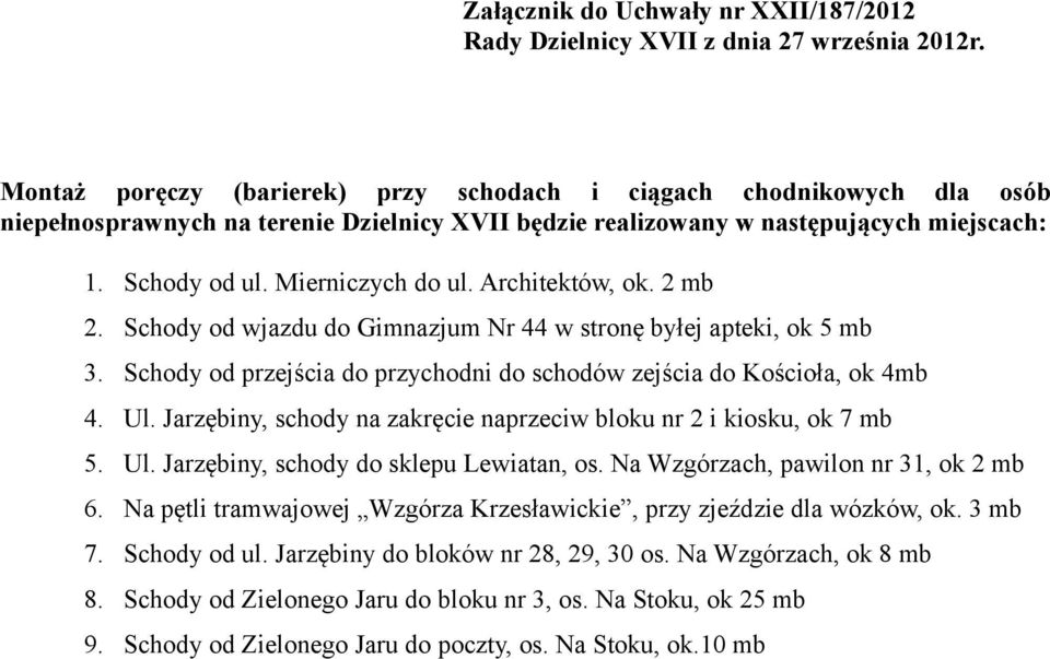 Schody od przejścia do przychodni do schodów zejścia do Kościoła, ok 4mb 4. Ul. Jarzębiny, schody na zakręcie naprzeciw bloku nr 2 i kiosku, ok 7 mb 5. Ul. Jarzębiny, schody do sklepu Lewiatan, os.