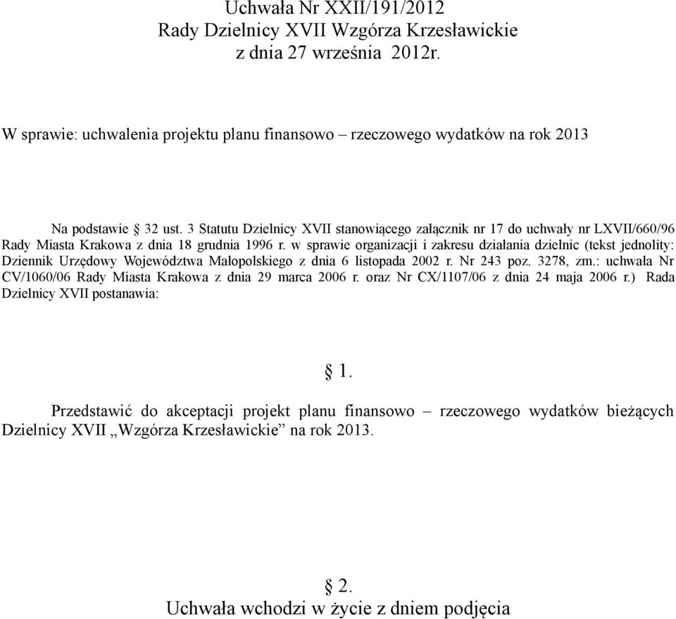 w sprawie organizacji i zakresu działania dzielnic (tekst jednolity: Dziennik Urzędowy Województwa Małopolskiego z dnia 6 listopada 2002 r. Nr 243 poz. 3278, zm.