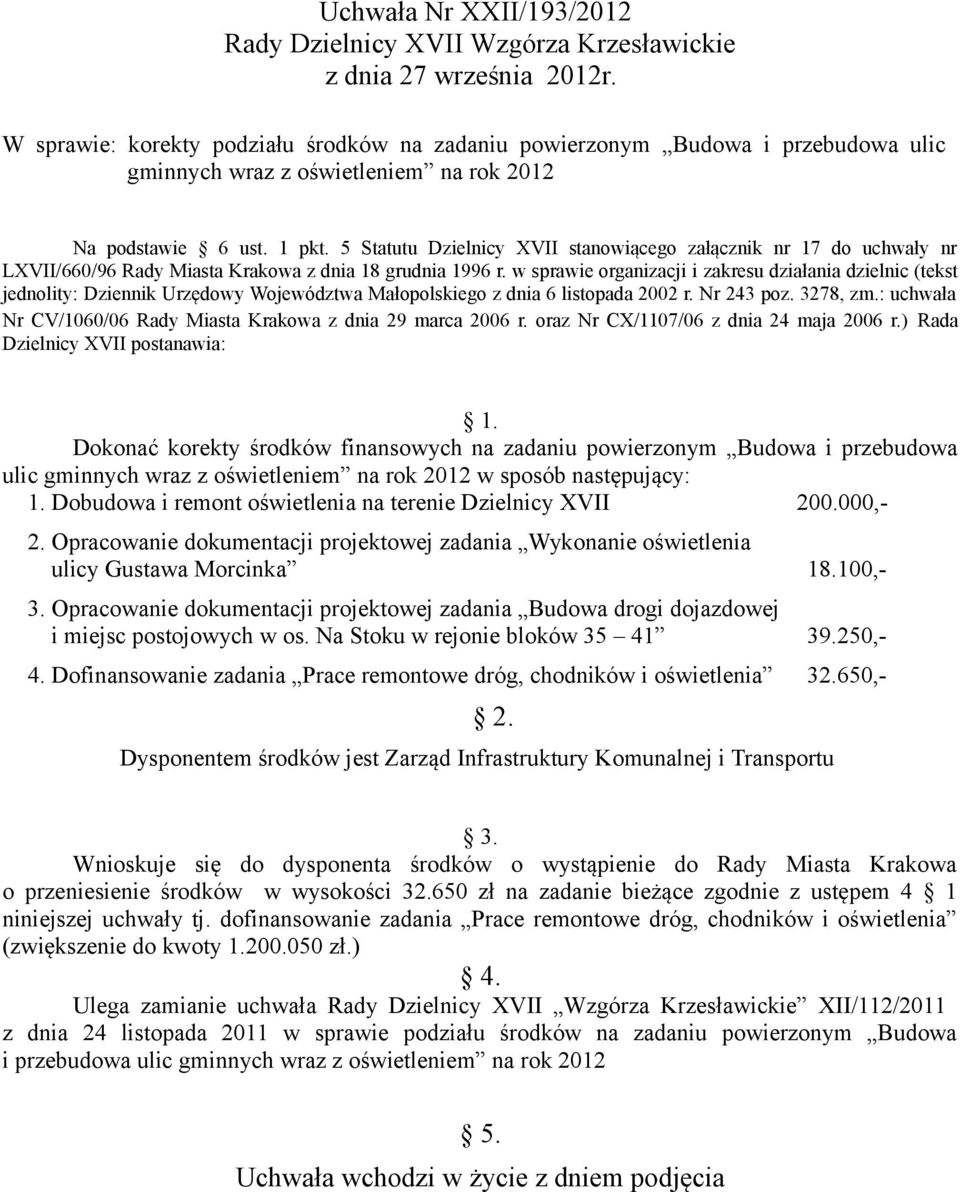 w sprawie organizacji i zakresu działania dzielnic (tekst jednolity: Dziennik Urzędowy Województwa Małopolskiego z dnia 6 listopada 2002 r. Nr 243 poz. 3278, zm.