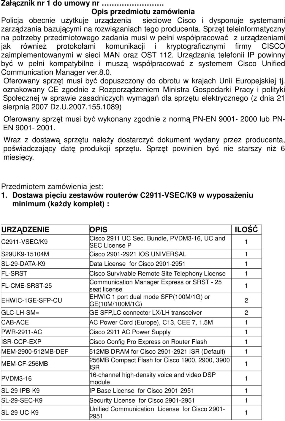 MAN oraz OST 2. Urządzania telefonii IP powinny być w pełni kompatybilne i muszą współpracować z systemem Cisco Unified Communication Manager ver.8.0.