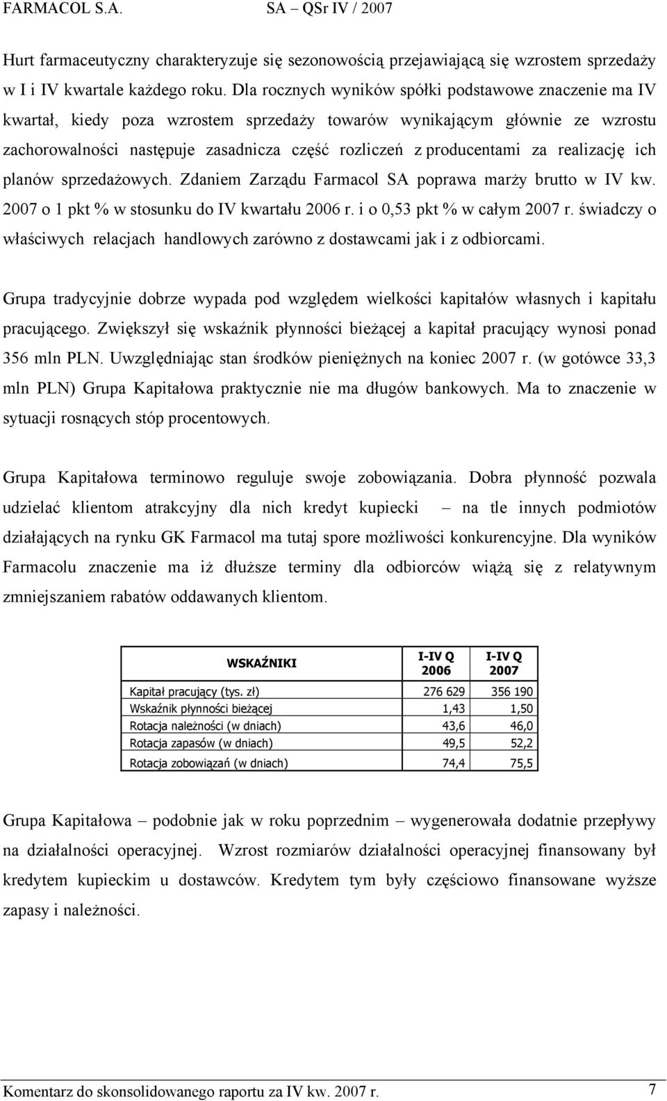 producentami za realizację ich planów sprzedażowych. Zdaniem Zarządu Farmacol SA poprawa marży brutto w IV kw. o 1 pkt % w stosunku do IV kwartału r. i o 0,53 pkt % w całym r.