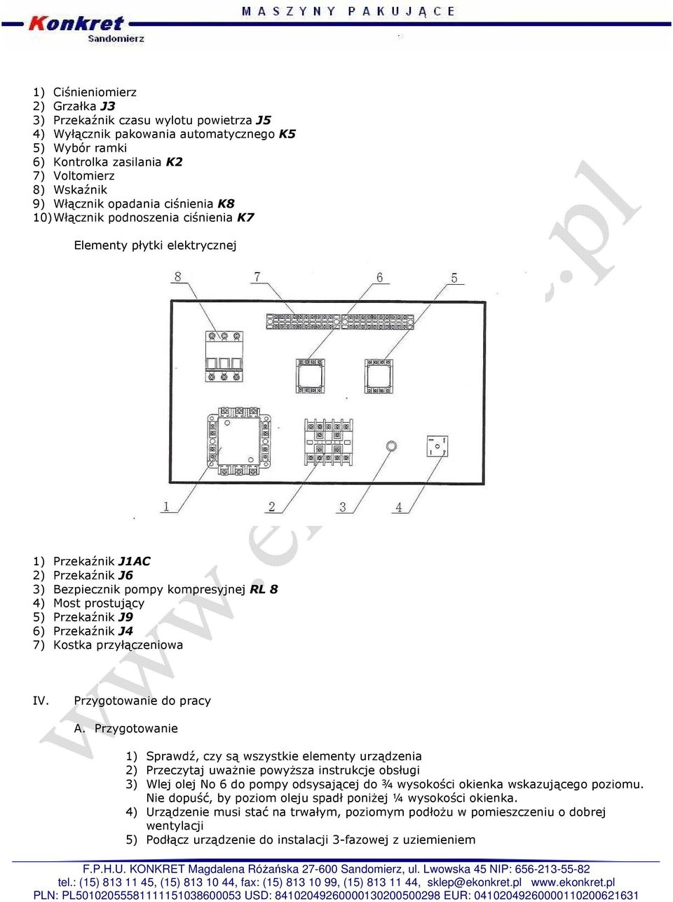 6) Przekaźnik J4 7) Kostka przyłączeniowa IV. Przygotowanie do pracy A.