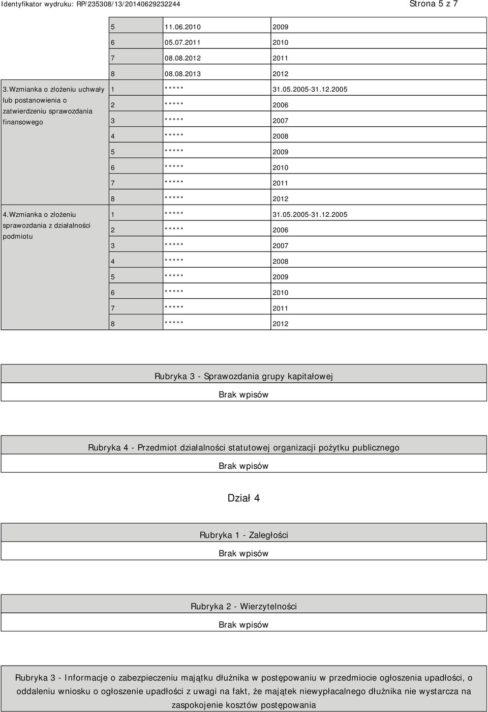 2005 2 ***** 2006 3 ***** 2007 4 ***** 2008 5 ***** 2009 6 ***** 2010 7 ***** 2011 8 ***** 2012 Rubryka 3 - Sprawozdania grupy kapitałowej Rubryka 4 - Przedmiot działalności statutowej organizacji