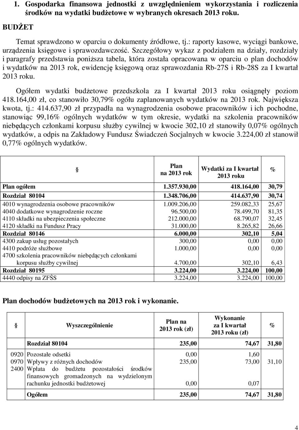 Szczegółowy wykaz z podziałem na działy, rozdziały i paragrafy przedstawia poniższa tabela, która została opracowana w oparciu o plan dochodów i wydatków na 2013 rok, ewidencję księgową oraz