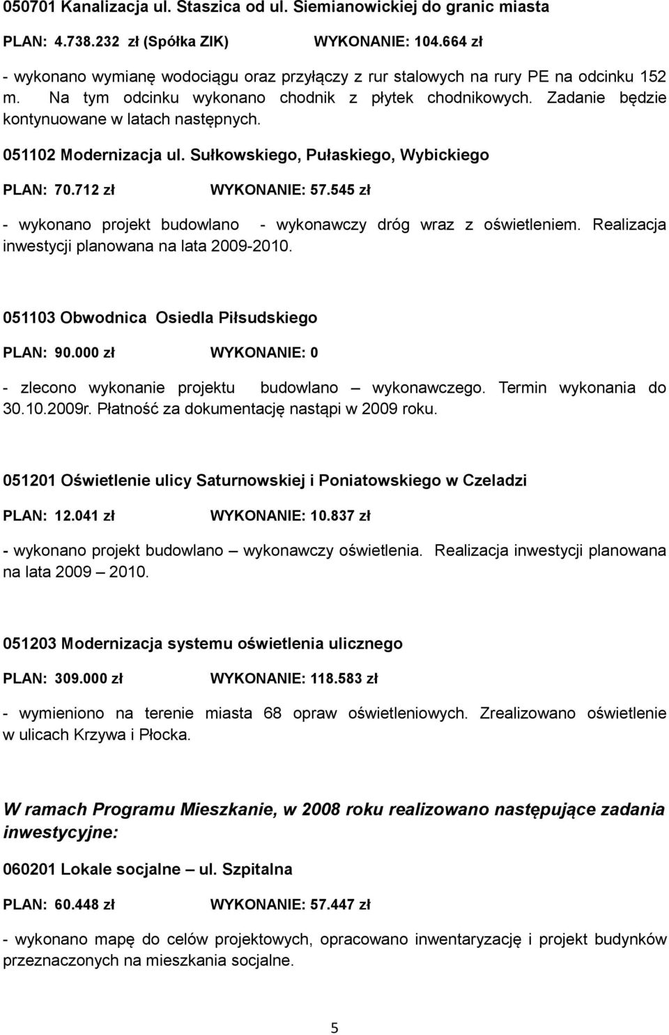 051102 Modernizacja ul. Sułkowskiego, Pułaskiego, Wybickiego PLAN: 70.712 zł WYKONANIE: 57.545 zł - wykonano projekt budowlano - wykonawczy dróg wraz z oświetleniem.