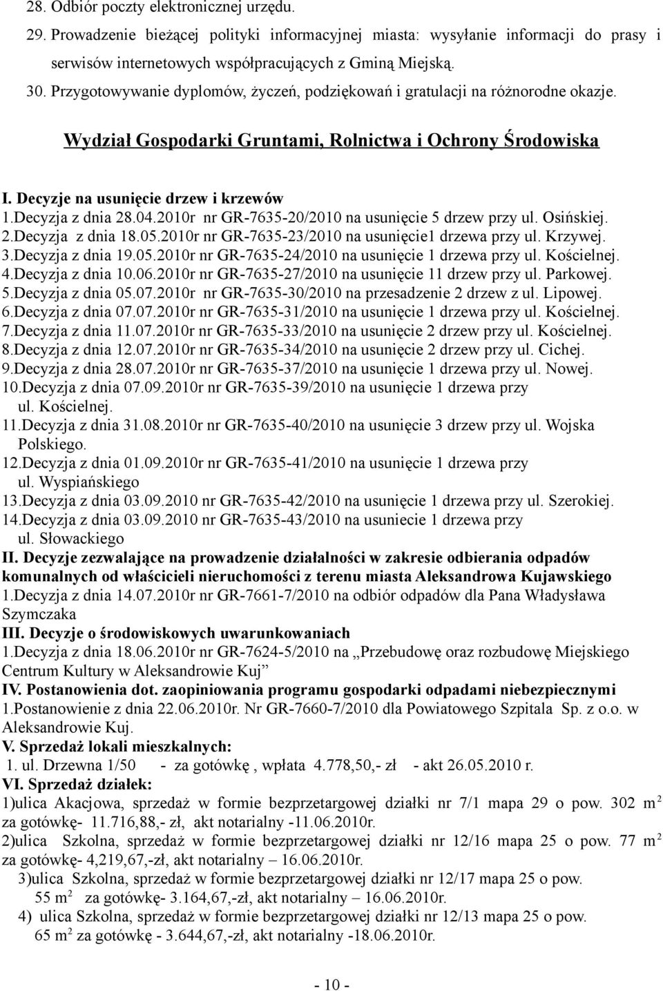 Decyzja z dnia 28.04.2010r nr GR-7635-20/2010 na usunięcie 5 drzew przy ul. Osińskiej. 2.Decyzja z dnia 18.05.2010r nr GR-7635-23/2010 na usunięcie1 drzewa przy ul. Krzywej. 3.Decyzja z dnia 19.05.2010r nr GR-7635-24/2010 na usunięcie 1 drzewa przy ul.