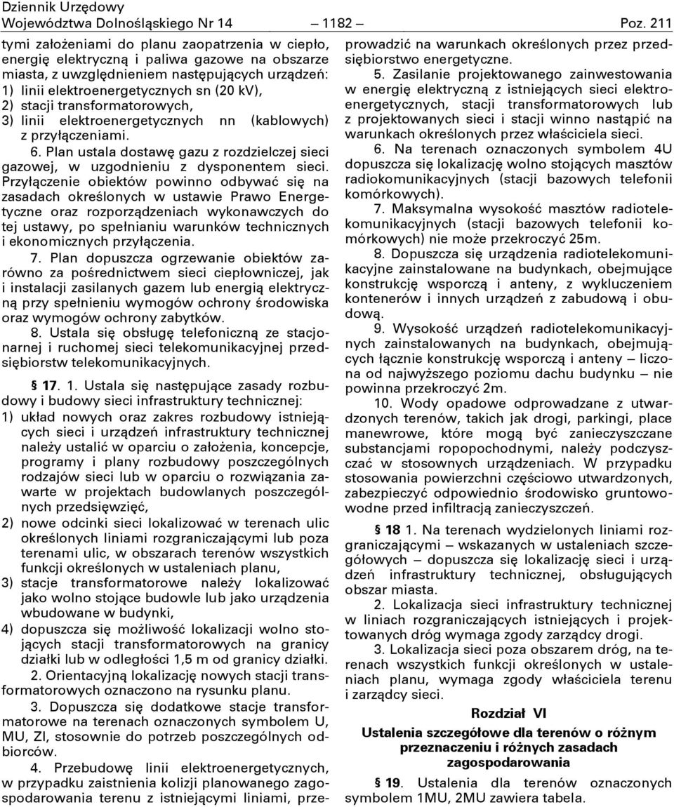 stacji transformatorowych, 3) linii elektroenergetycznych nn (kablowych) z przyłączeniami. 6. Plan ustala dostawę gazu z rozdzielczej sieci gazowej, w uzgodnieniu z dysponentem sieci.