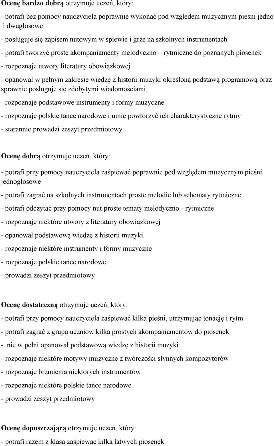 muzyki określoną podstawą programową oraz sprawnie posługuje się zdobytymi wiadomościami, - rozpoznaje podstawowe instrumenty i formy muzyczne - rozpoznaje polskie tańce narodowe i umie powtórzyć ich