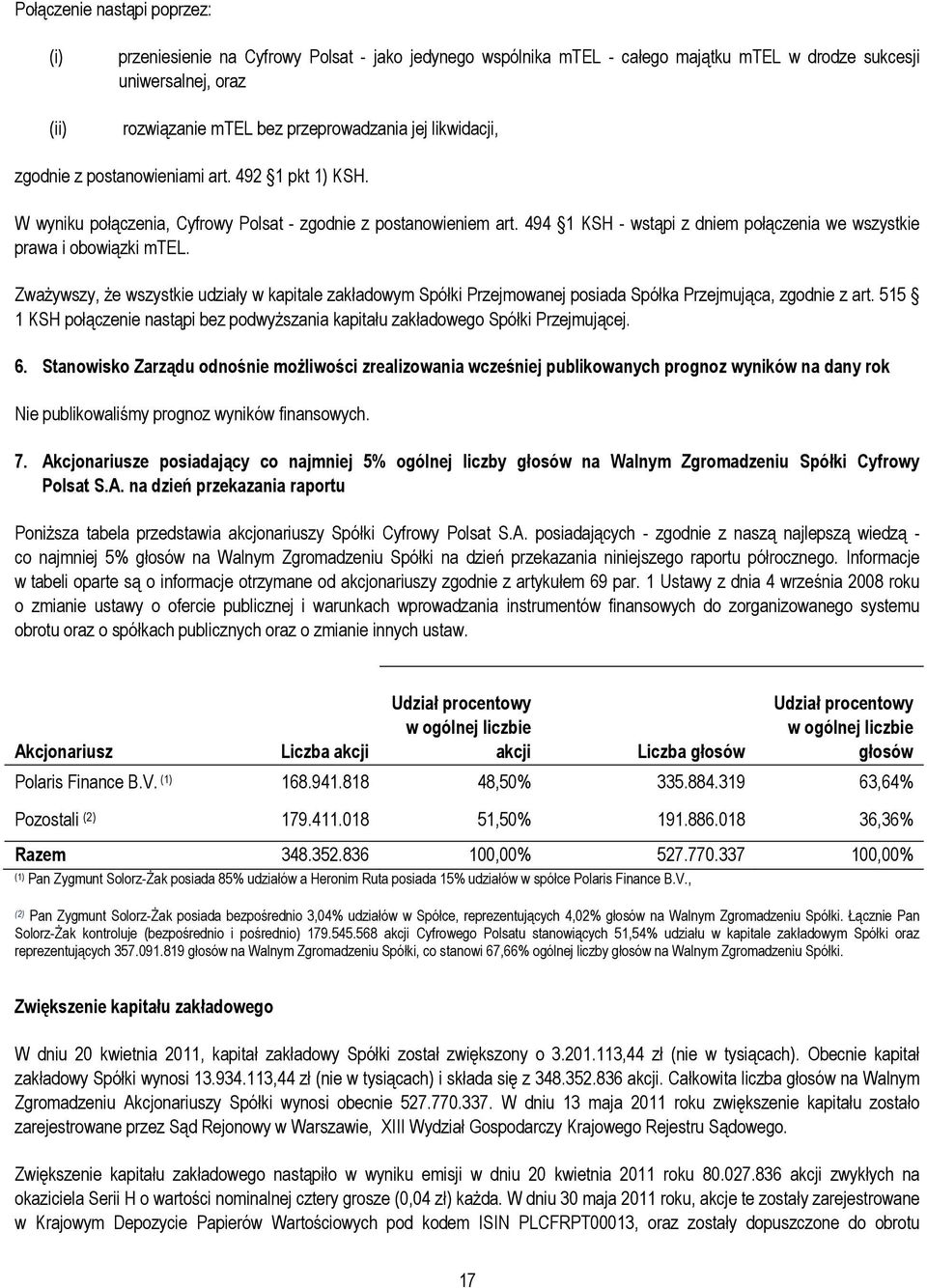 494 1 KSH - wstąpi z dniem połączenia we wszystkie prawa i obowiązki mtel. Zważywszy, że wszystkie udziały w kapitale zakładowym Spółki Przejmowanej posiada Spółka Przejmująca, zgodnie z art.