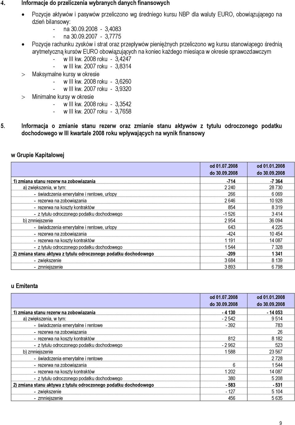 2007-3,7775 Pozycje rachunku zysków i strat oraz przepływów pieniężnych przeliczono wg kursu stanowiącego średnią arytmetyczną kursów EURO obowiązujących na koniec każdego miesiąca w okresie