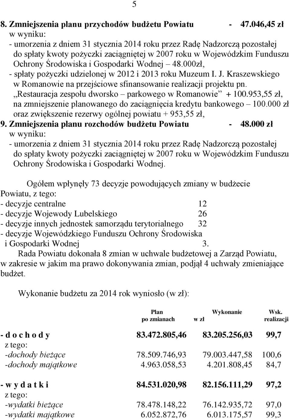 Wodnej 48.000zł, - spłaty pożyczki udzielonej w 2012 i 2013 roku Muzeum I. J. Kraszewskiego w Romanowie na przejściowe sfinansowanie realizacji projektu pn.