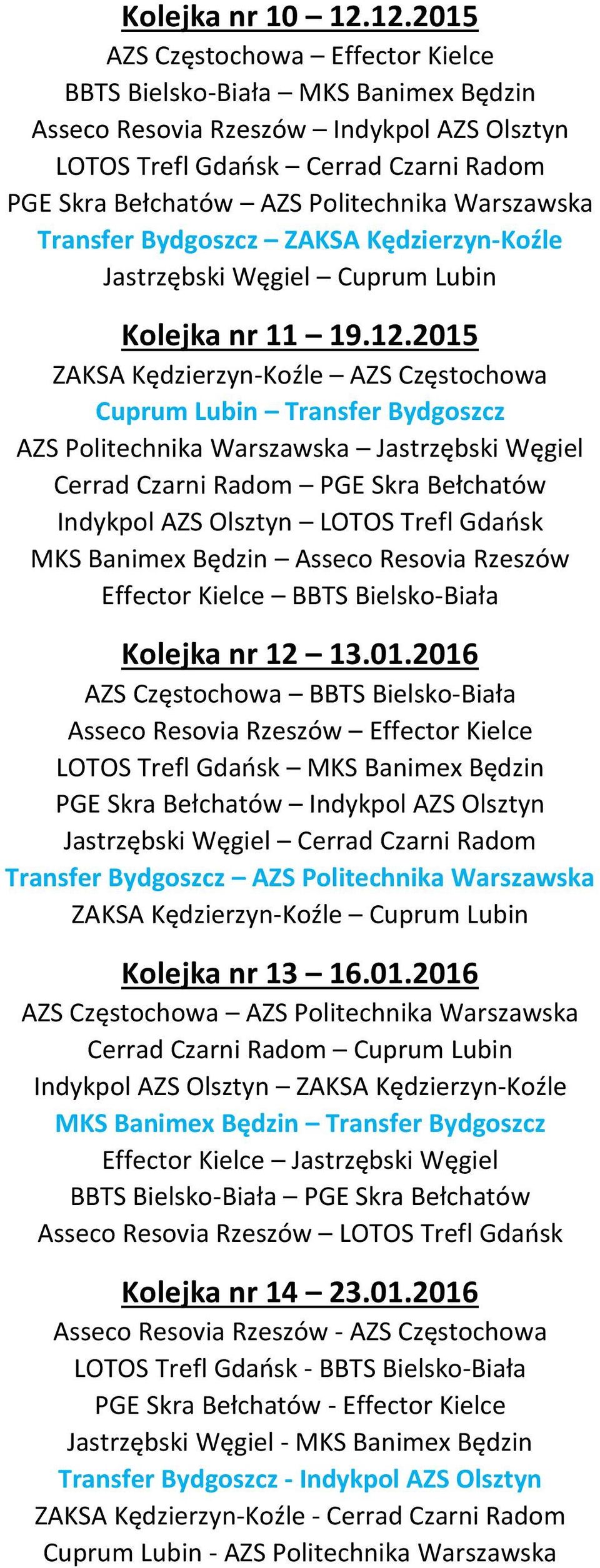 Warszawska Transfer Bydgoszcz ZAKSA Kędzierzyn-Koźle Jastrzębski Węgiel Cuprum Lubin Kolejka nr 11 19.12.