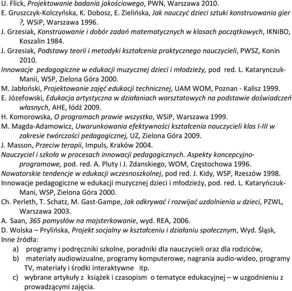 Innowacje pedagogiczne w edukacji muzycznej dzieci i młodzieży, pod red. L. Katarynczuk- Manii, WSP, Zielona Góra 2000. M. Jabłoński, Projektowanie zajęć edukacji technicznej, UAM WOM, Poznan - Kalisz 1999.