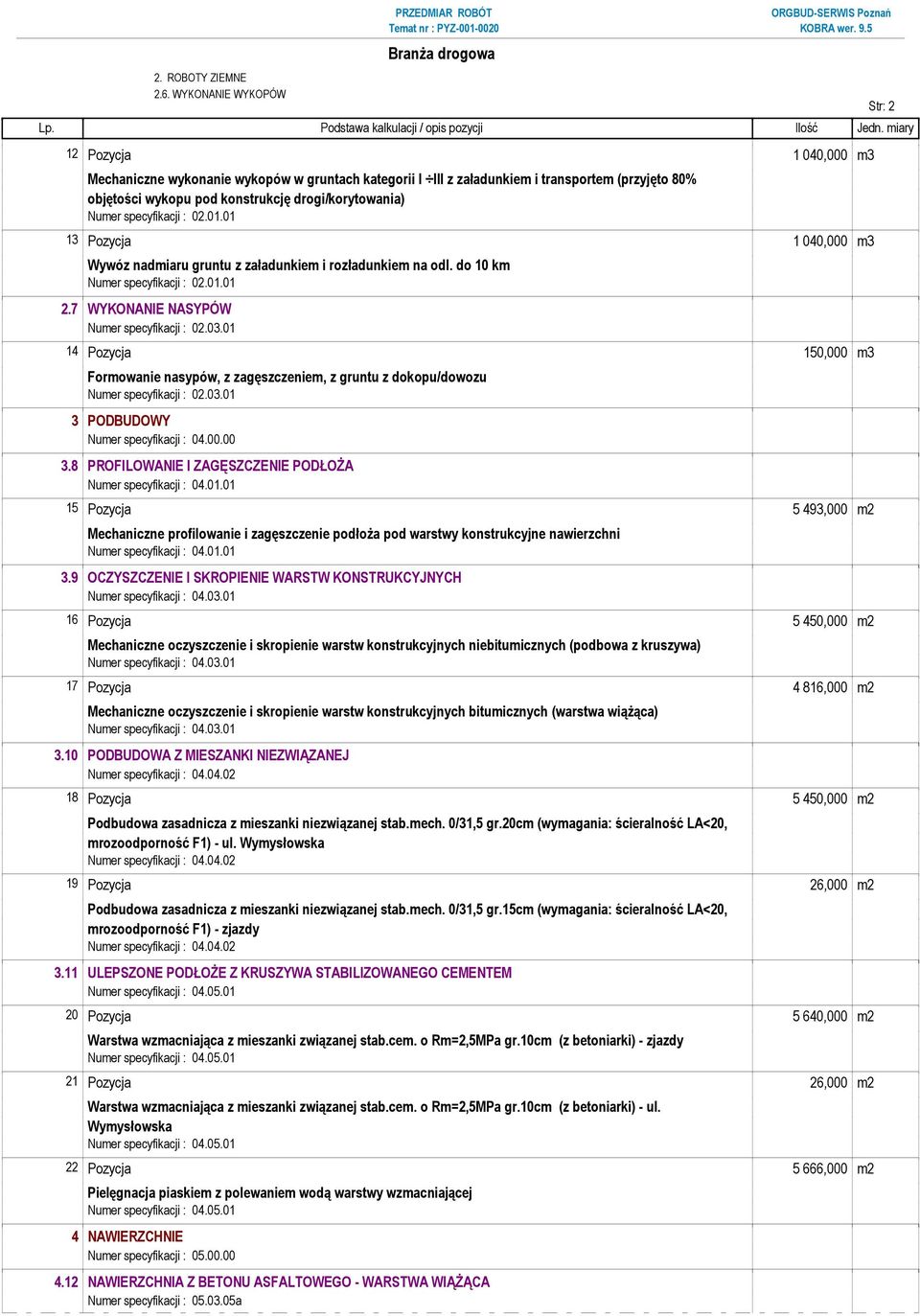 drogi/korytowania) 13 Pozycja 1 040,000 m3 Wywóz nadmiaru gruntu z załadunkiem i rozładunkiem na odl. do 10 km 2.7 WYKONANIE NASYPÓW Numer specyfikacji : 02.03.