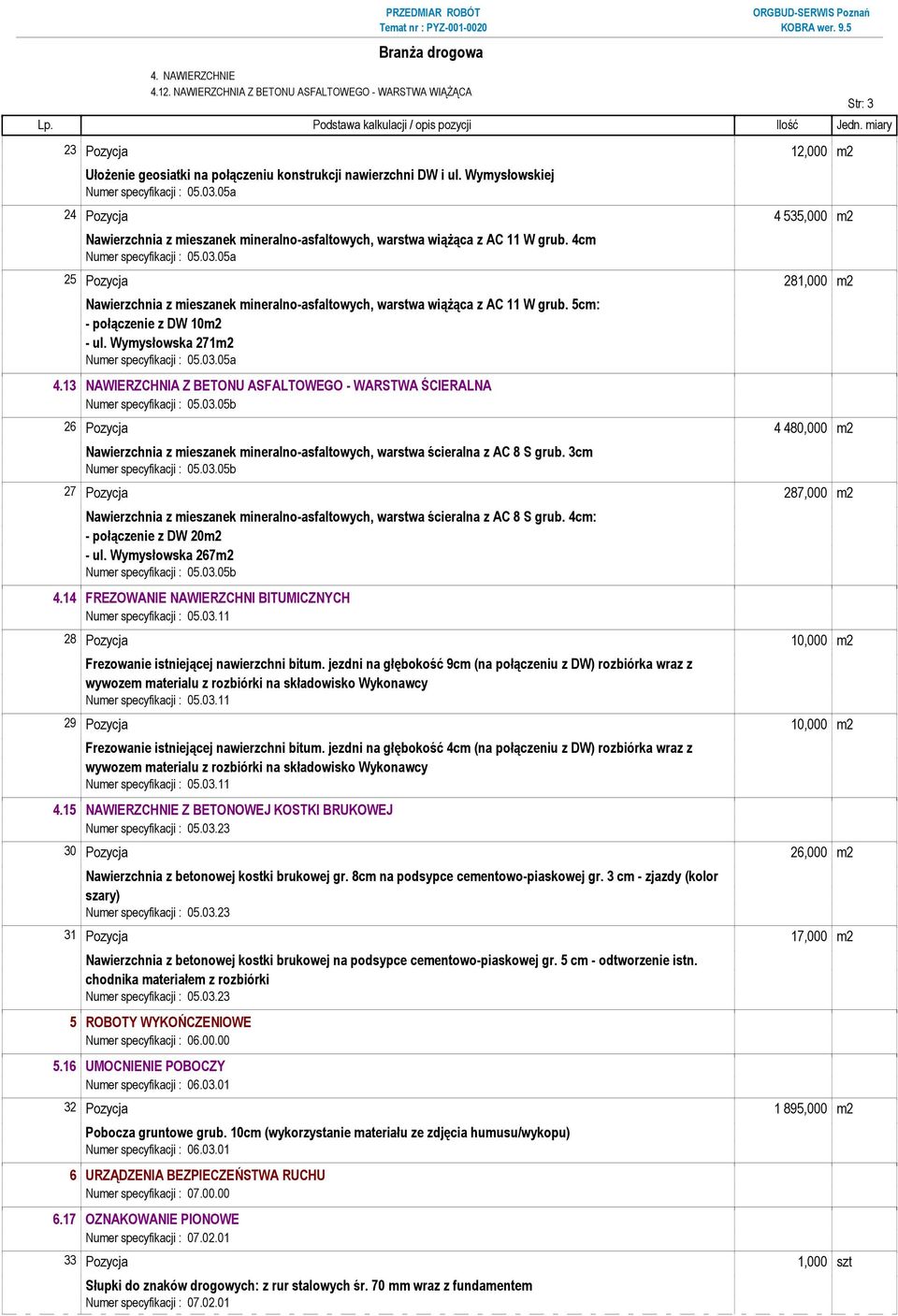 4cm 25 Pozycja 281,000 m2 Nawierzchnia z mieszanek mineralno-asfaltowych, warstwa wiążąca z AC 11 W grub. 5cm: - połączenie z DW 10m2 - ul. Wymysłowska 271m2 4.