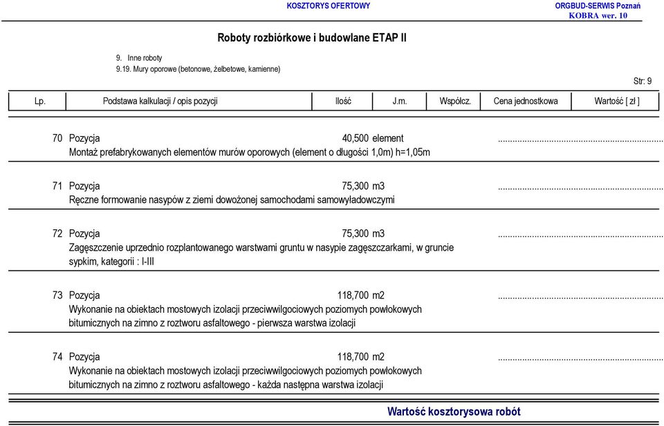 .. Ręczne formowanie nasypów z ziemi dowożonej samochodami samowyładowczymi 72 Pozycja 75,300 m3.