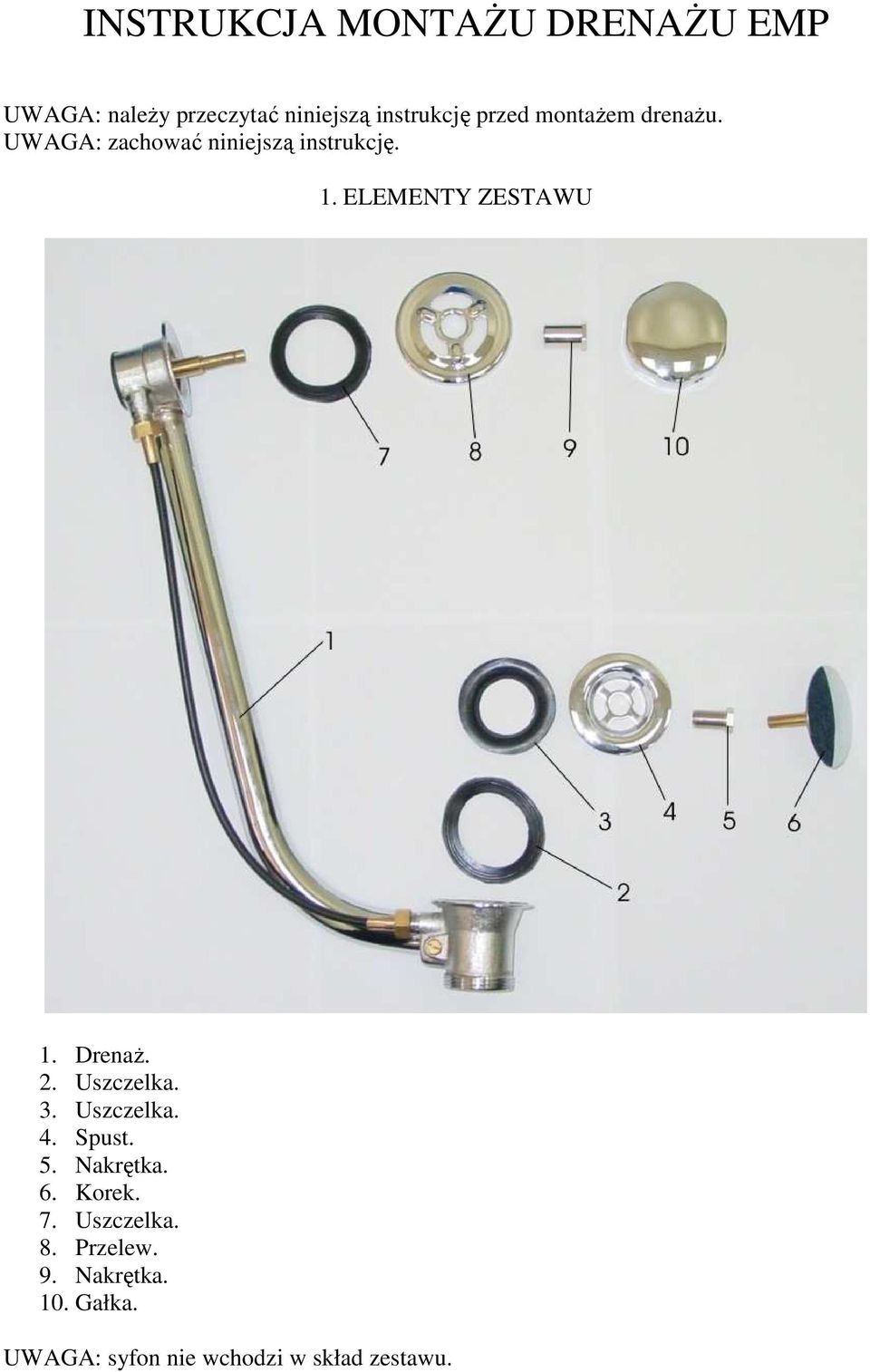 ELEMENTY ZESTAWU 1. DrenaŜ. 2. Uszczelka. 3. Uszczelka. 4. Spust. 5. Nakrętka. 6.