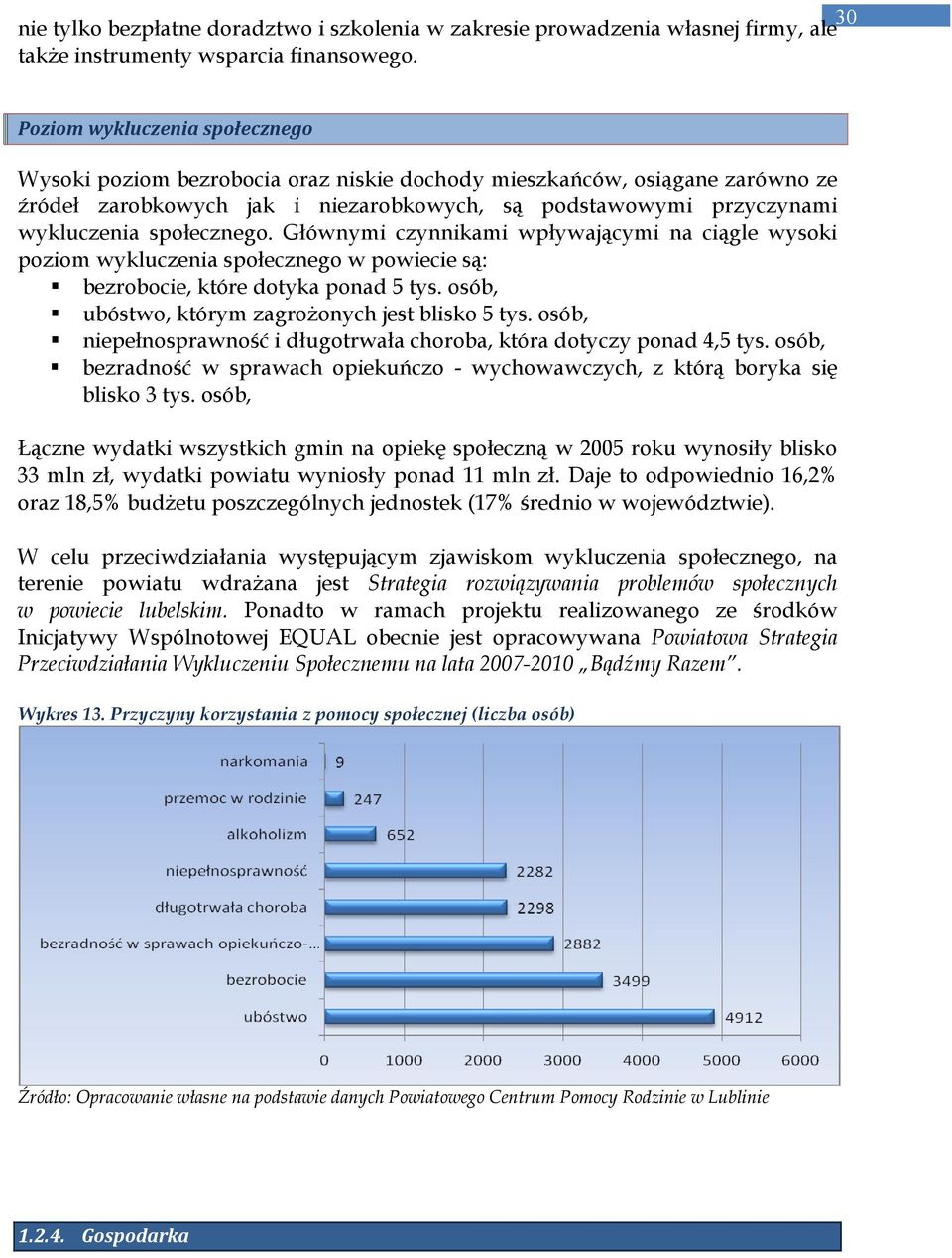 społecznego. Głównymi czynnikami wpływającymi na ciągle wysoki poziom wykluczenia społecznego w powiecie są: bezrobocie, które dotyka ponad 5 tys. osób, ubóstwo, którym zagroŝonych jest blisko 5 tys.